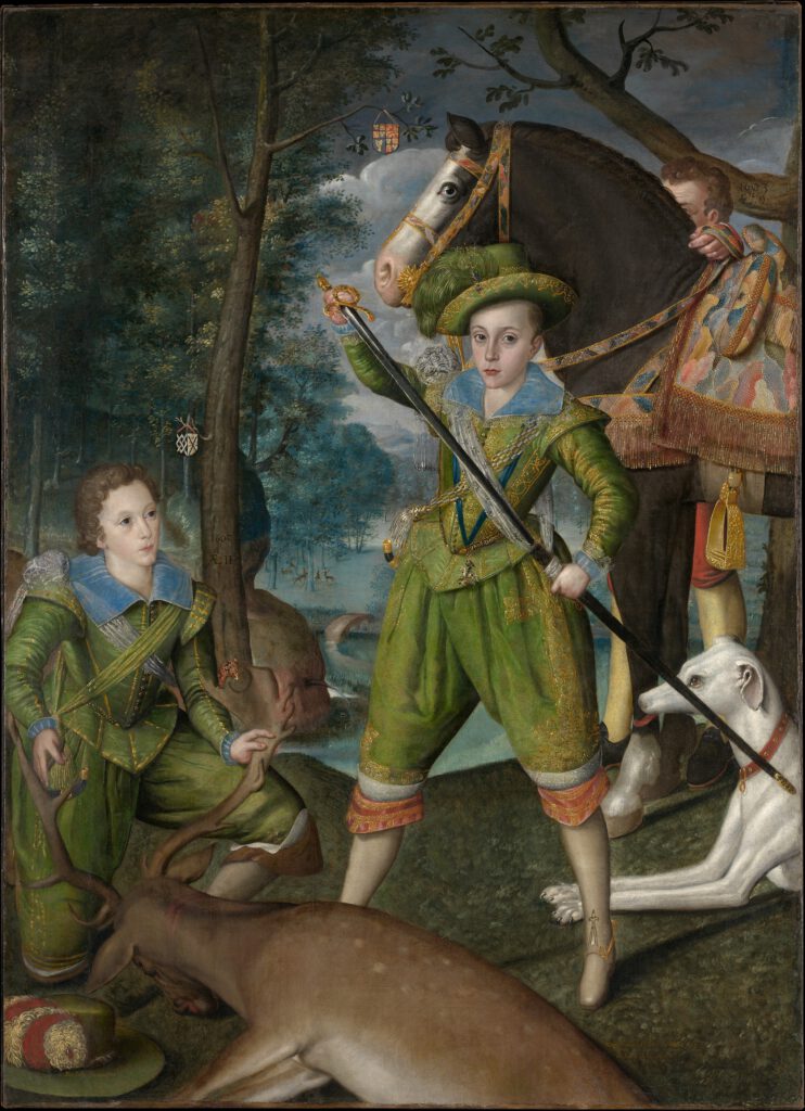 Henry Frederick (Prince of Wales) im Jagdfeld, mit großen Hunden an seiner Seite – dänische Hunde als Export‑Hit im englischen Hofjagd‑Bild.