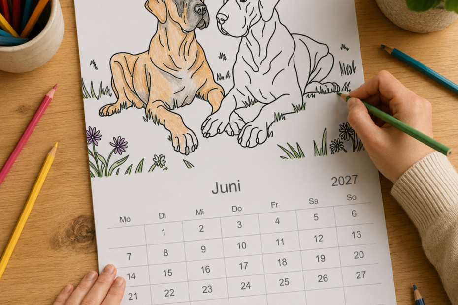 Kalender zum ausmalen mit Doggen Bildern