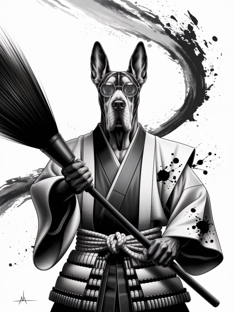 Dogge als japanischer Kaligraf und Krieger