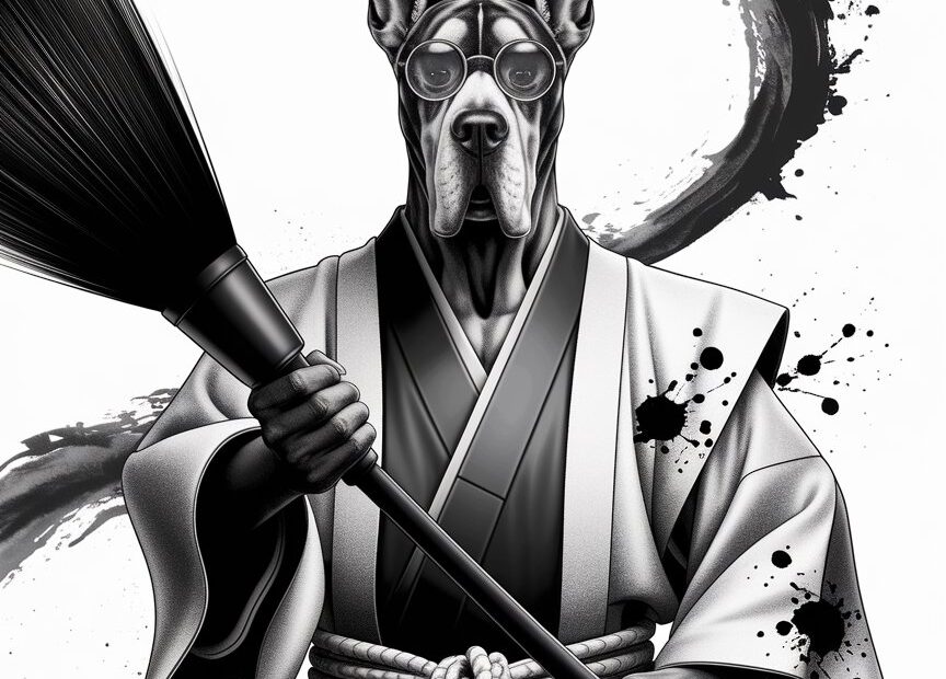Dogge als japanischer Kaligraf und Krieger