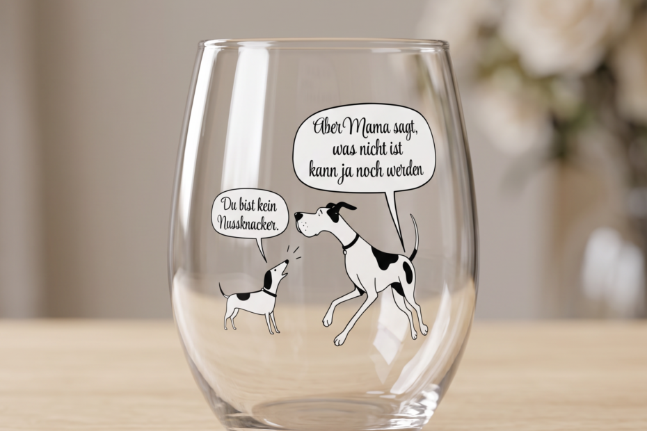 Weinglas ohne Fuss bedruckt mit einem schwarz weißen Doggen Motiv auf dem steht "Du bist kein Nussknacker" und der Antwort "Mama sagt, was nicht ist, kann ja noch werden" gesprochen von einer gefleckten Dogge. DAzwischen ein Mann der den Zusammenstoß mit der Dogge nur unter Schmerzen ertragen kann.